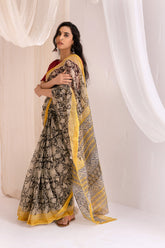 Yellow - Kota Doria Bagru Hand Block Printed Saree
